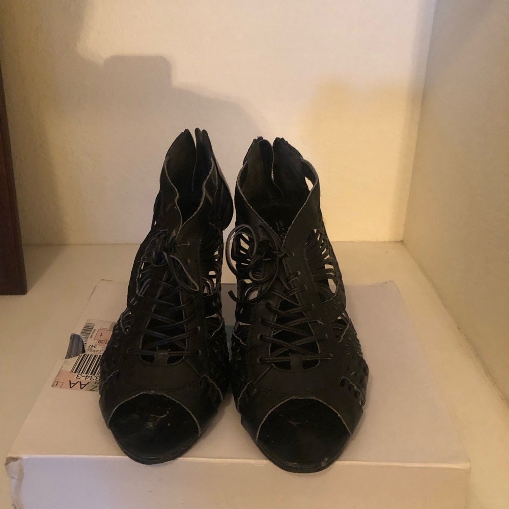 Call It Spring Black Lace-Up Cutout Peep-Toe Heels